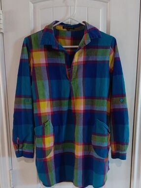 For Cynthia Rainbow Plaid Cotton Tunic Shirt with Pockets & Roll-Up Sleeves Sz M